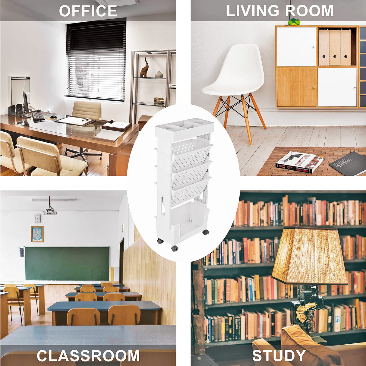 YEMUNY 5 Tier Rolling Utility Cart Multi-Functional Movable Storage Book Shelves with Lockable Casters for Study Office Kitchen Classroom, White YEMUNY