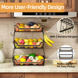 GILLAS 3 Tier Countertop Fruit Basket with 2 Banana Hangers for Kitchen, Detachable Metal Organizer for Bread Vegetable Fruits with Wooden Handle, Large Capacity Rectangular Storage Stand Bowls, Black GILLAS