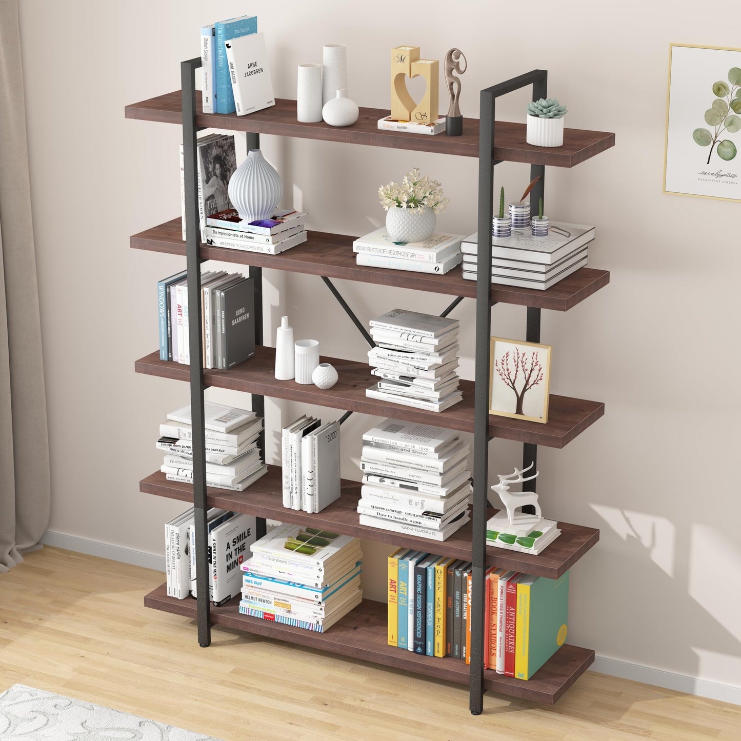 5-Tier Rustic Gray Solid Wood Bookshelf with Industrial Metal Accent - WoodArtSupply