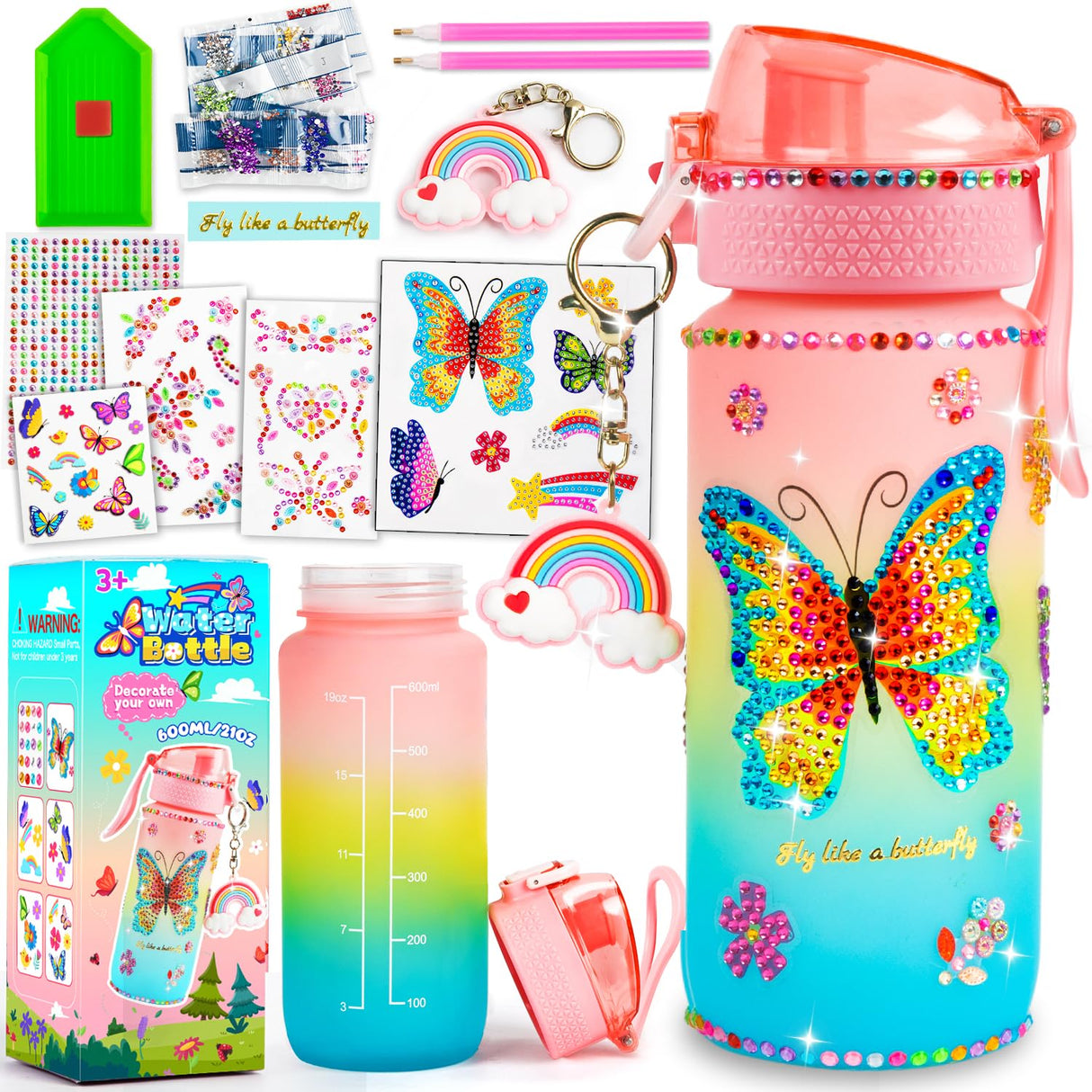 MDCGFOD Decorate Your Own DIY Water Bottle Butterfly Decorating Kit - Arts & Craft Kits for 4-10 Year Olds + Babies BoysGirlsJoys Kids Birthday Xmas Gift Box MDCGFOD