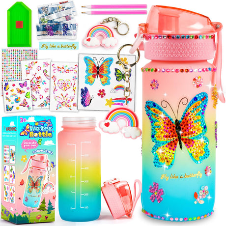 MDCGFOD Decorate Your Own DIY Water Bottle Butterfly Decorating Kit - Arts & Craft Kits for 4-10 Year Olds + Babies BoysGirlsJoys Kids Birthday Xmas Gift Box MDCGFOD