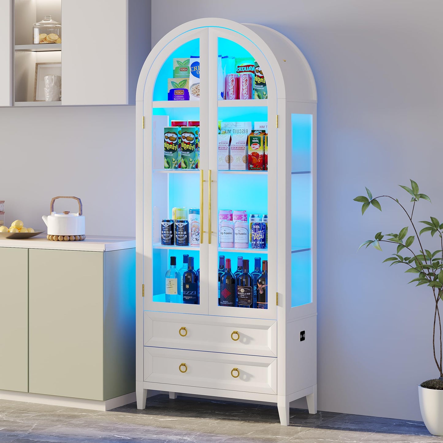 Vlsrka 70 Inch Arched Display Cabinet with Glass Doors, 4-Tier Display Shelves and 2 Drawers, Tall Bookcase with 3 Color Lights, Arched Kitchen Pantry, Curio Cabinet, White