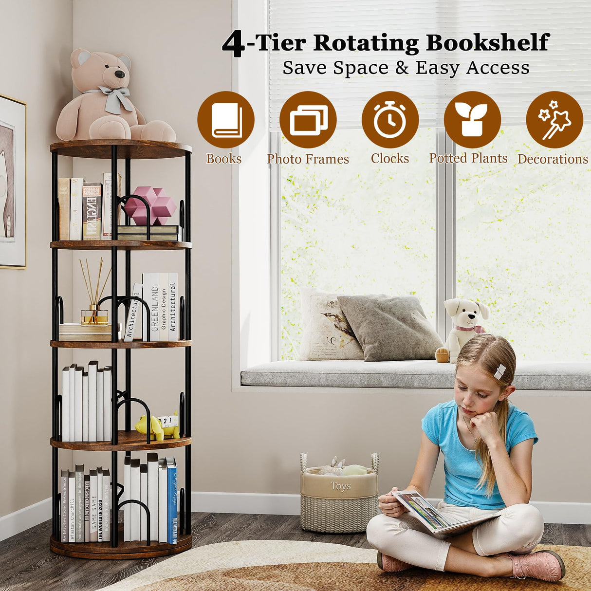 Arbcoler 4 Tier Rotating Bookshelf, 360 ° Display Corner Book Shelf, Stackable Spinning Bookshelf Tower, Narrow Tall Revolving Bookcase, Round Swivel Storage Organizer (Black, 4 Tiers) Arbcoler