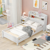 Favfurish White Twin Size Platform Bed with LED Light, Storage Headboard, and Guardrails Favfurish