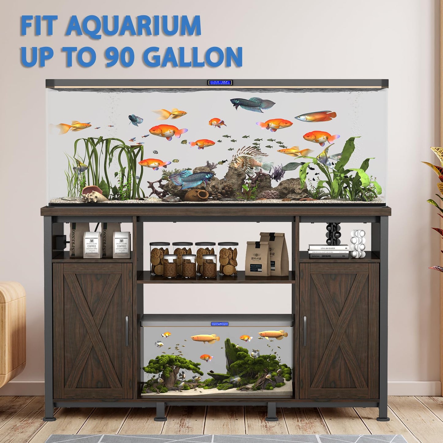 55-90 Gallon Fish Tank Stand with Power Outlets, Aquarium Stand with Cabinet, Heavy Duty Reptile Tank Turtle Terrariums Table for Fish Tank Accessories Storage, 52" L x 19.7" W, 1000LBS Capacity