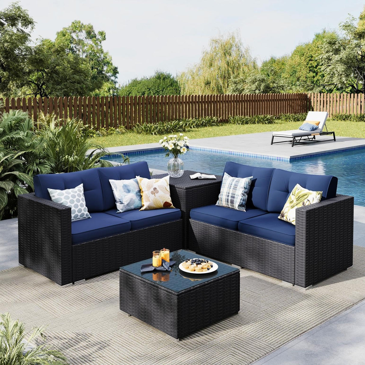 MFSTUDIO 4 Piece Wicker Patio Furniture Set, L Shaped Small Rattan Patio Sectional Sofa Couch Outdoor Conversation Sets with Navy Blue Cushions, Storage Box, Glass Coffee Table for Garden, Backyard MFSTUDIO