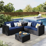 MFSTUDIO 4 Piece Wicker Patio Furniture Set, L Shaped Small Rattan Patio Sectional Sofa Couch Outdoor Conversation Sets with Navy Blue Cushions, Storage Box, Glass Coffee Table for Garden, Backyard MFSTUDIO
