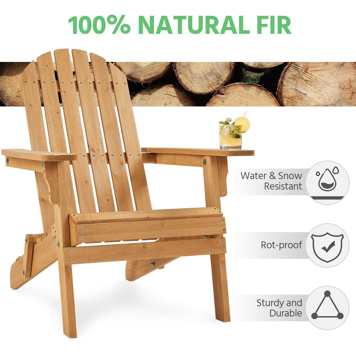 Yaheetech Folding Adirondack Chair Set of 1 Outdoor, 300LBS Solid Wood Garden Chair Weather Resistant, Fire Pit Lounge Chairs for Garden/Yard/Patio/Lawn, Natural Wood Yaheetech