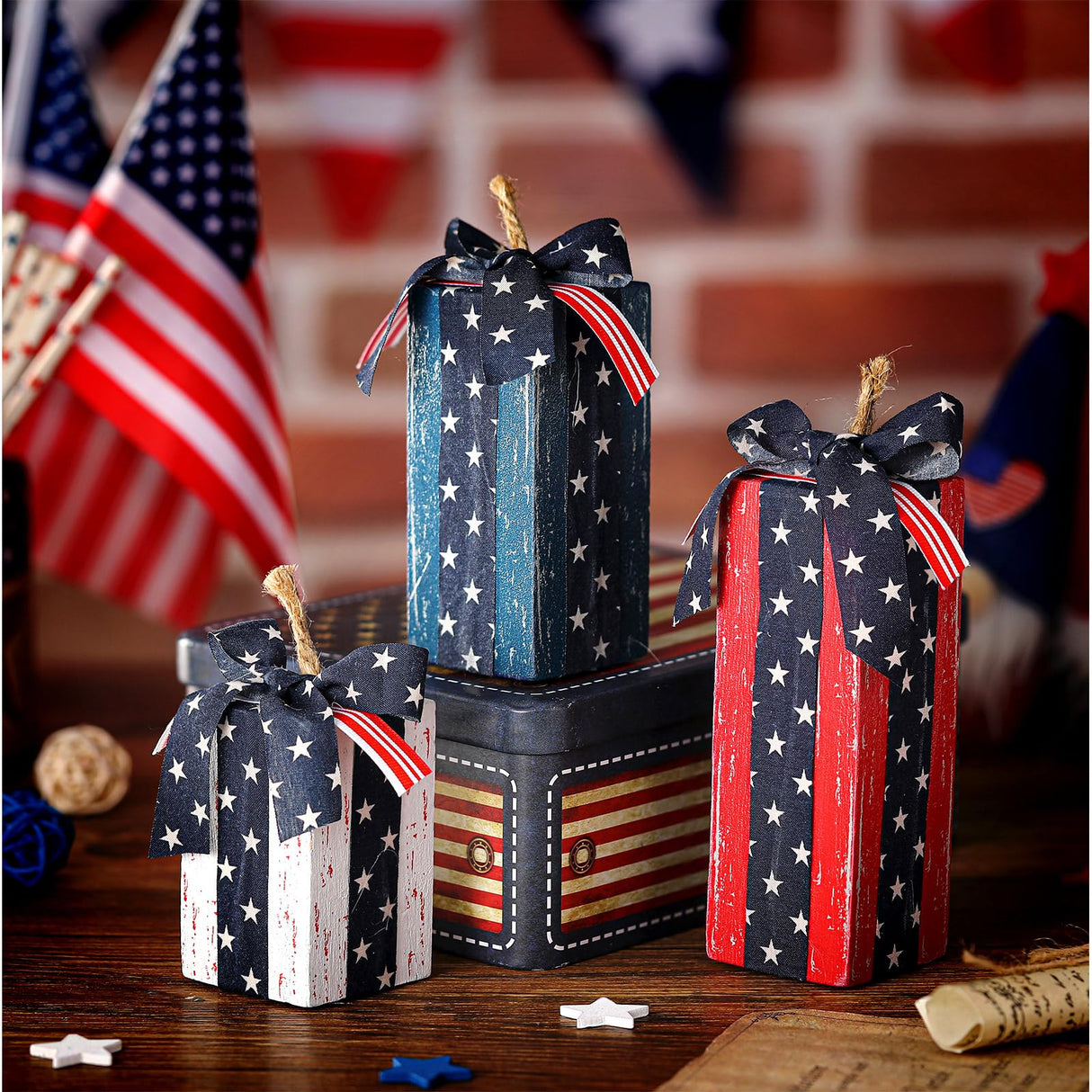 DoubleFill 3 Pcs 4th of July Decor Rustic Wood Presents Firework Patriotic Wooden Faux Blocks with Bowknot Independence Day Centerpiece for Table 4th of July Tiered Tray Decor Farmhouse Decorations DoubleFill