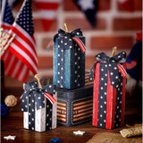 DoubleFill 3 Pcs 4th of July Decor Rustic Wood Presents Firework Patriotic Wooden Faux Blocks with Bowknot Independence Day Centerpiece for Table 4th of July Tiered Tray Decor Farmhouse Decorations DoubleFill