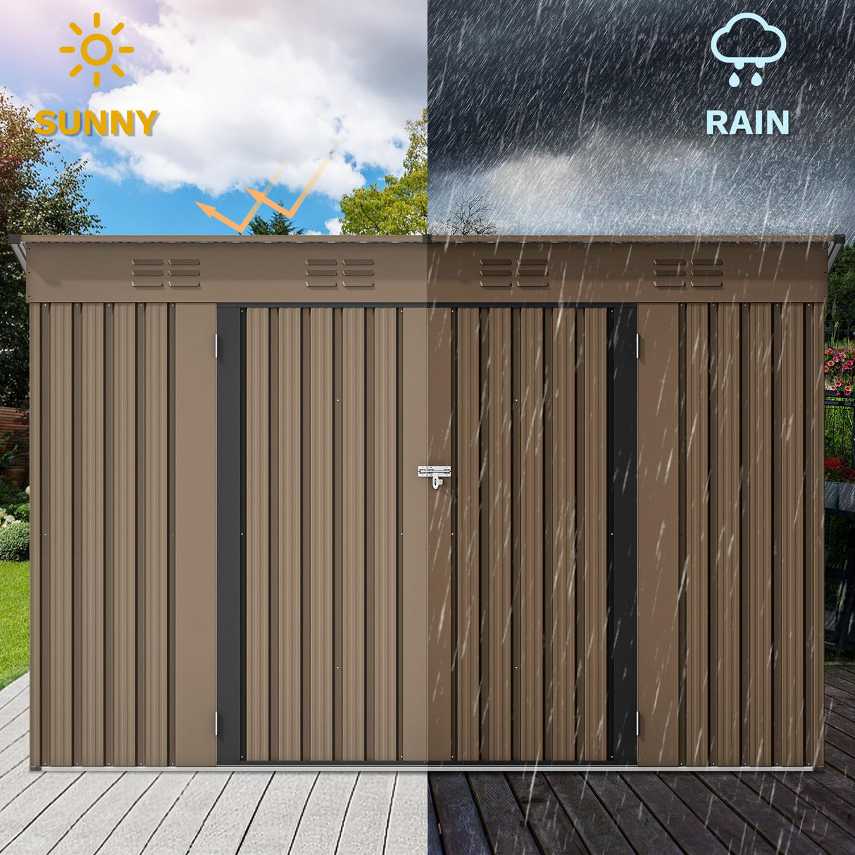 DWVO 9.1x4.2ft Large Outdoor Storage Shed, Metal Tool Sheds, Heavy Duty Tool Storage with Lockable Doors & Air Vent for Backyard Patio Lawn to Store Bikes, Tools, Lawnmowers,Brown DWVO