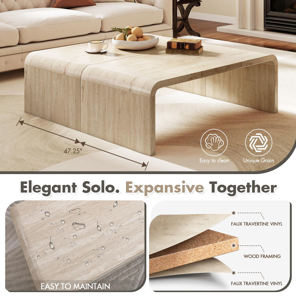 Hyfirm Modern Boho Faux Marble Coffee Table, 47" Travertine Pattern Waterfall Rectangular Center Table in a Scandinavian Style for Living Room with Sturdy Wood Frame, Thick Legs & Easy Assembly Hyfirm