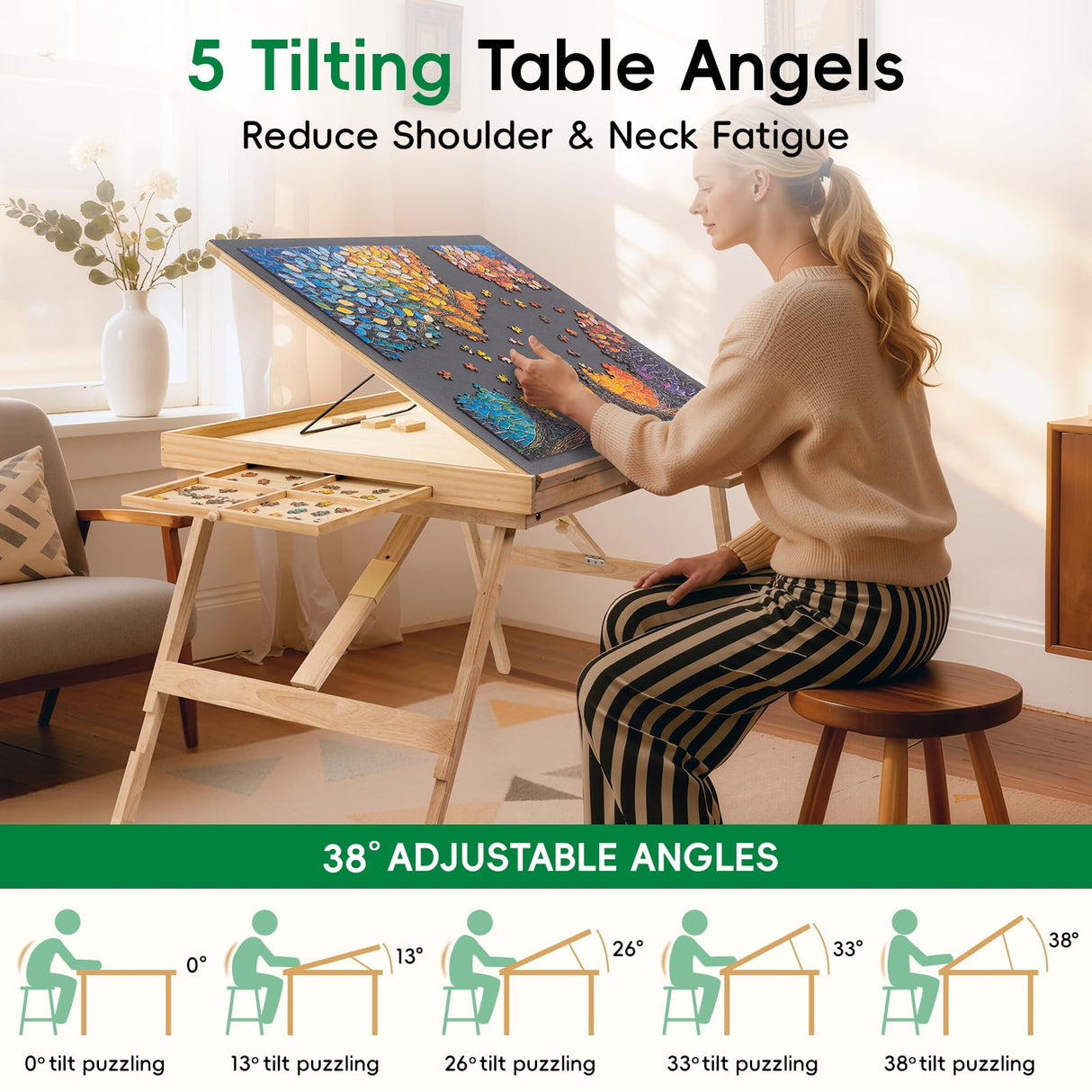 TEAKMAMA Puzzle Table 27.6" Tall 1500 Piece Puzzle Board with Drawers, 34.2" x 26.3" Adjustable 5-Tilting-Angle Jigsaw Table with Legs, Jigsaw Board for Adults, Nature TEAKMAMA