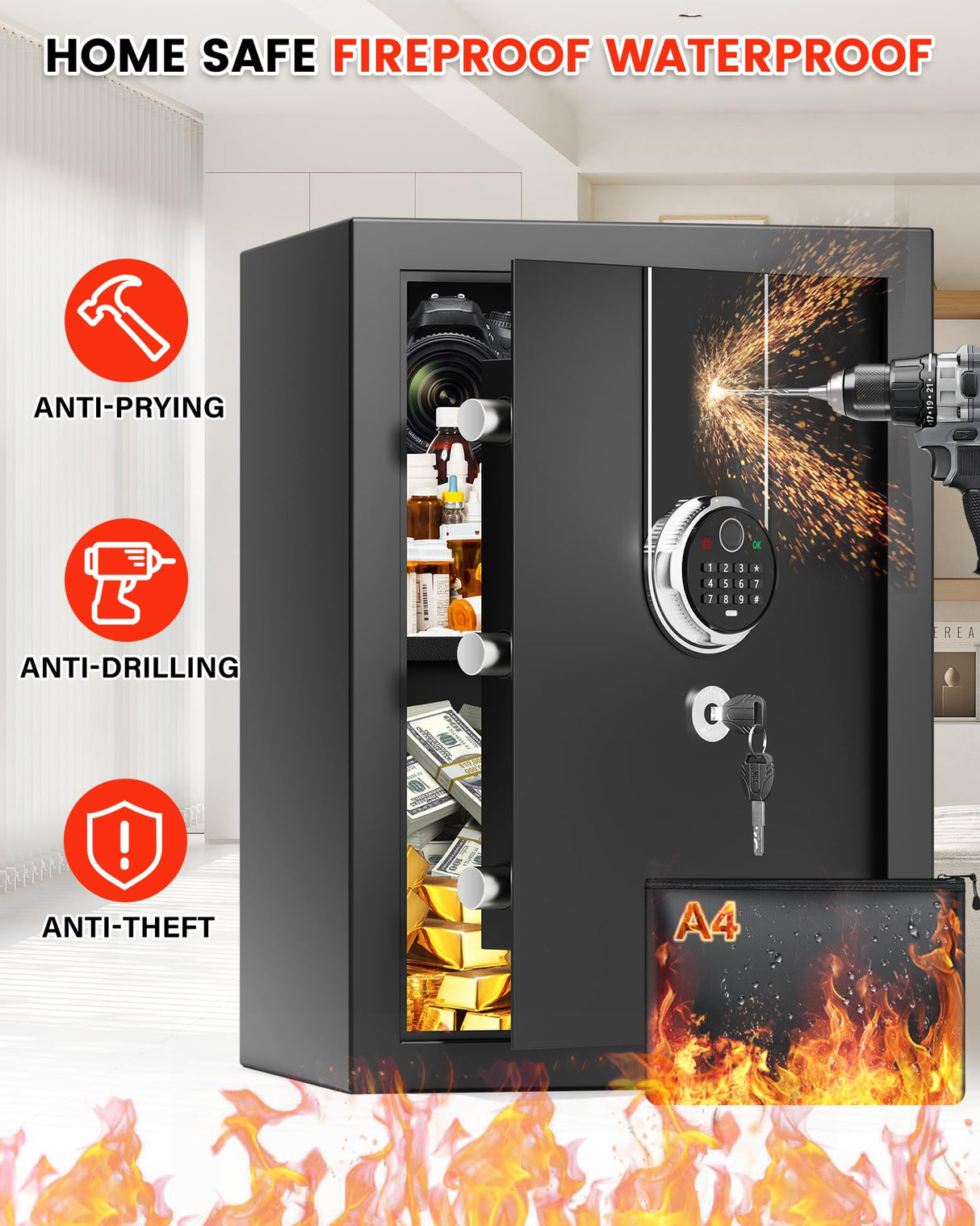 3.6 Cuft Biometric Fireproof Safe Box, Large Home Safes Fireproof Waterproof with Digital Programmable Keypad Keys, Dual Smart Alert, Security Fingerprint Fire Safe Box for Document Valuables Jewelry Povanje