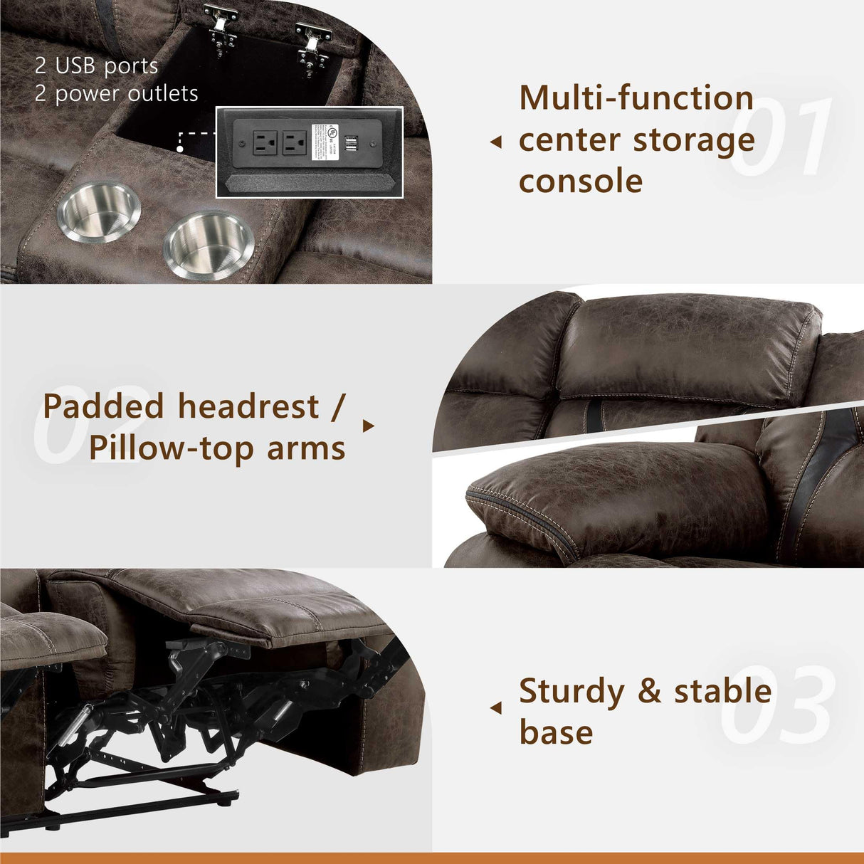 Homelegance Reclining Loveseat, Polished Microfiber Manual Double Recliner Loveseat with Center Console, Dark Brown Homelegance