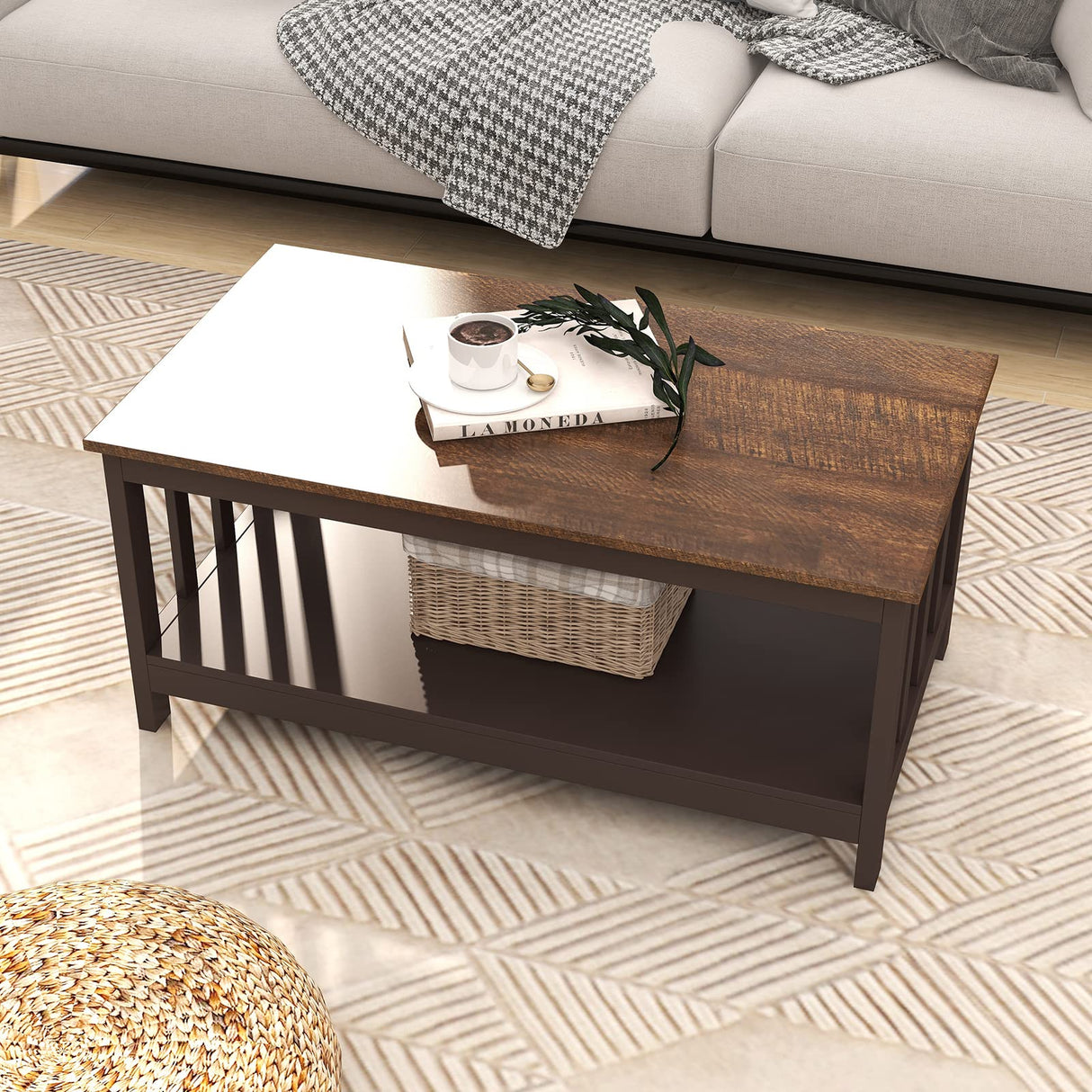 ChooChoo Farmhouse Coffee Table, Espresso Living Room Table with Shelf, 40 Inch ChooChoo