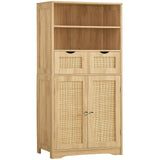 Iwell Tall Storage Cabinet, Rattan Cabinet with 2 Drawers & Adjustable Shelf, Accent Cabinet for Living Room, Dining Room, Home Office, Natural Iwell