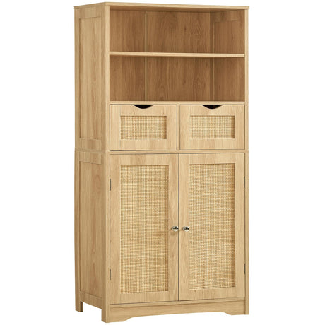 Iwell Tall Storage Cabinet, Rattan Cabinet with 2 Drawers & Adjustable Shelf, Accent Cabinet for Living Room, Dining Room, Home Office, Natural Iwell