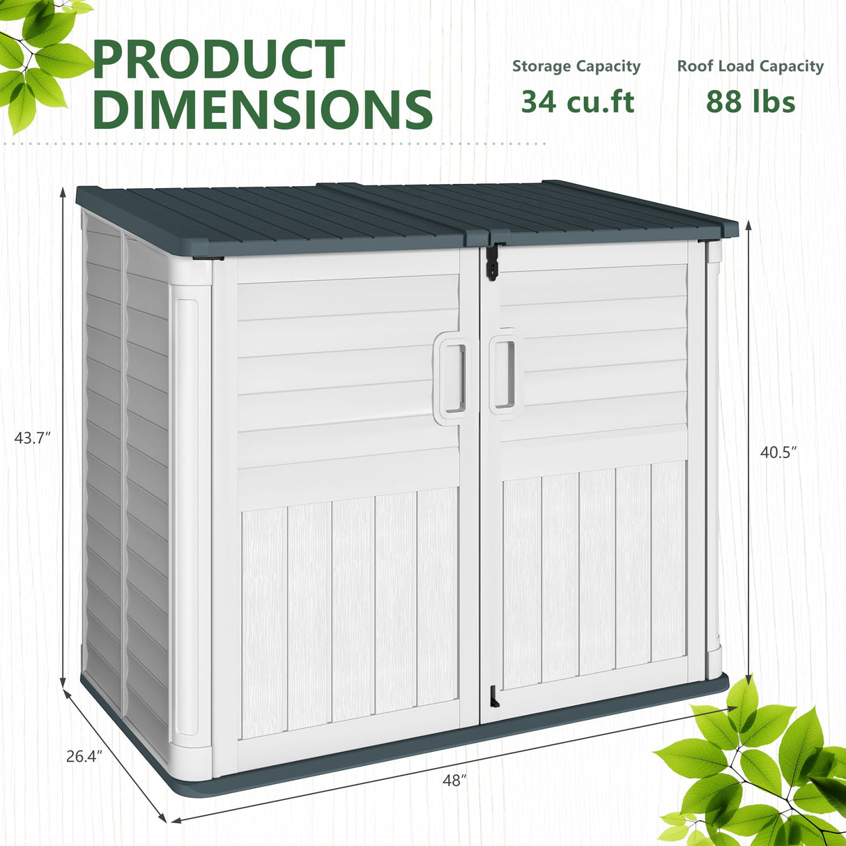 Greesum Outdoor Resin Storage Shed, 34 Cu.ft Horizontal Outdoor Storage Box Waterproof for Garden, Pool Storage, Garbage Cans, Beige Greesum