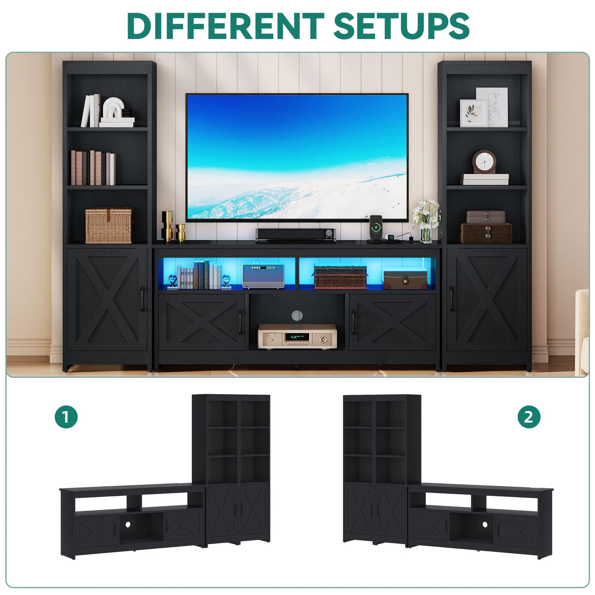 YITAHOME Farmhouse TV Stand for 65inch TV, Entertainment Center with Storage, Adjustable LED Lights & Power Hub, TV Cabinet with Bookshelves for Living Room/Apartment, Black YITAHOME