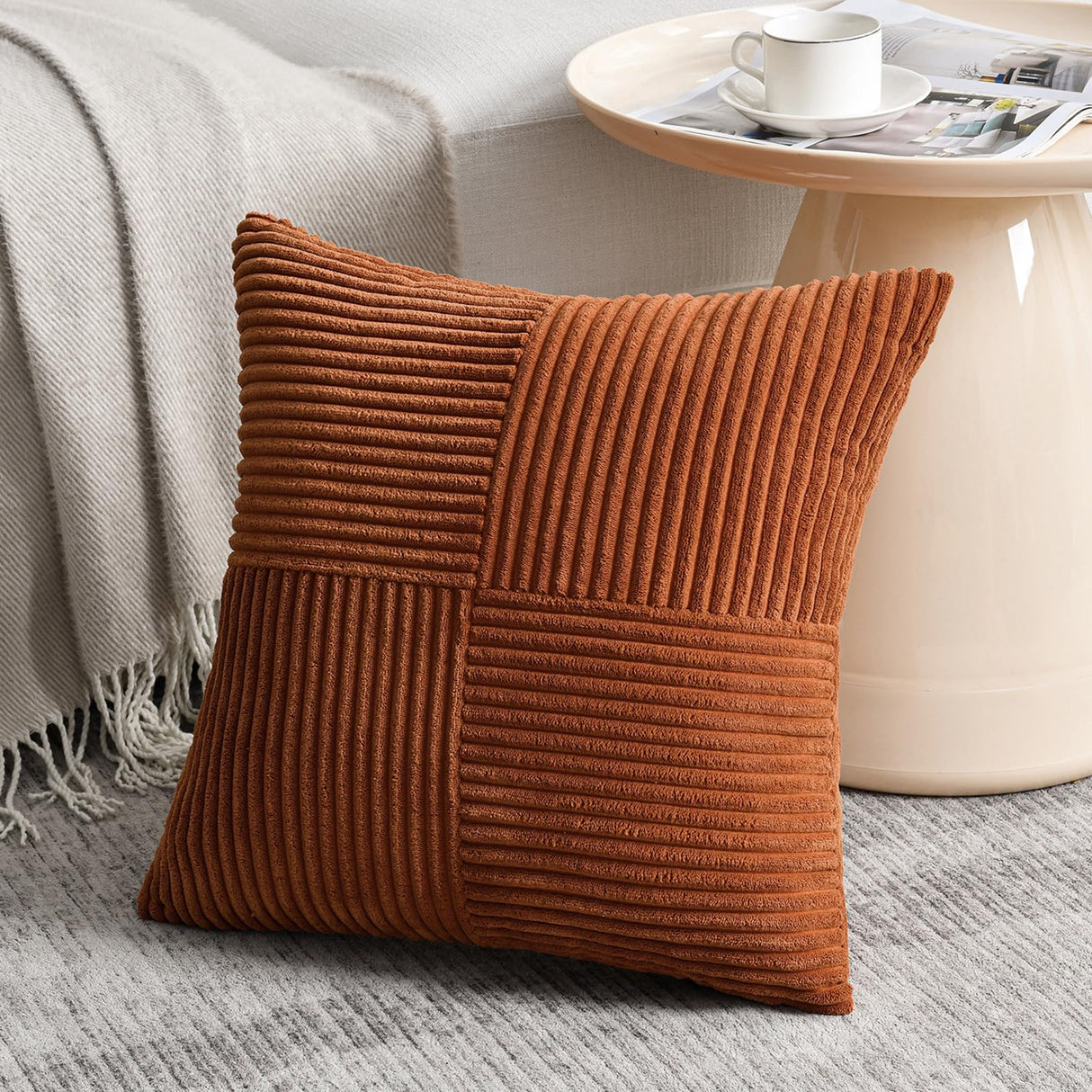 Fancy Homi 2 Packs Rust Boho Decorative Throw Pillow Covers 18x18 Inch for Couch Bed Sofa, Farmhouse Fall Home Decor, Soft Corss Corduroy Patchwork Textured Terracotta Accent Cushion Case 45x45 cm Fancy Homi