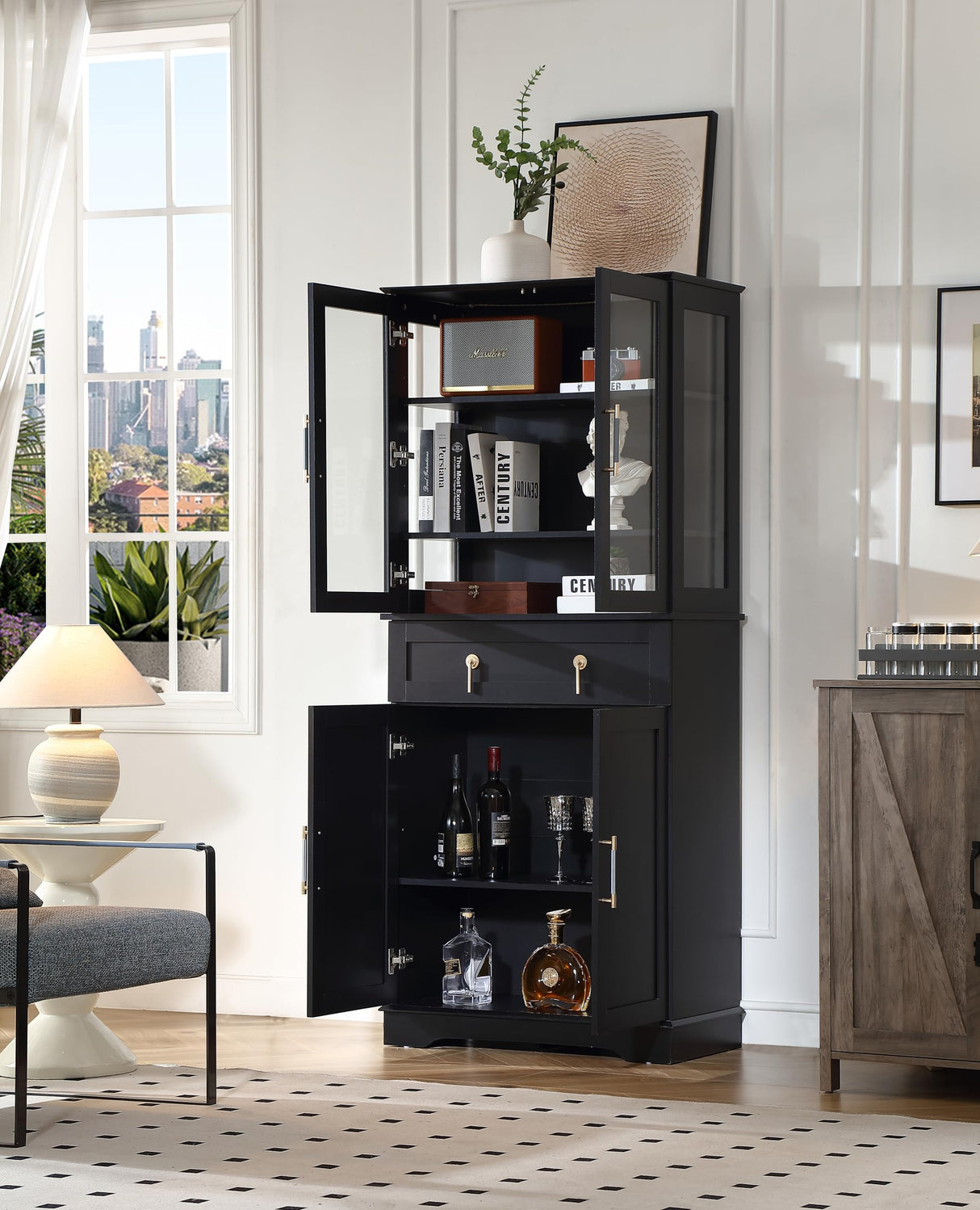 FOREST GRAVITY 71''Tall Pantry Cabinet,Kitchen Pantry,LED Lighting Display Cabinet,a Drawer,3 Adjustable Shelves,Pantry for Dining Room and Kitchen 3 Side Panels of Glass for Better Showcase,Black FOREST GRAVITY