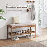 STDDRE Shoe Bench Entryway Bamboo 2-Tier Shoe Rack with Cushion Padded Seat Shoe Bench Organizer Stable for Entry, Hallway, Living Room, Bedroom, Closet (31.5 * 11.4 * 16.5IN, Brown-Beige) STDDRE