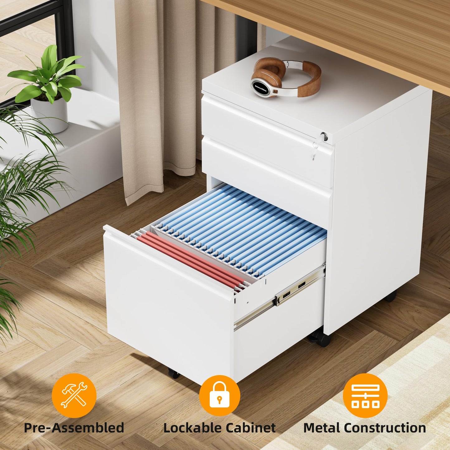 INTERGREAT 3 Drawer Filing Cabinet with Lock, Assembled White Mobile File Cabinet with Wheels, Rolling Small Metal Cabinets Under Desk for Home Office, Preassembled - WoodArtSupply