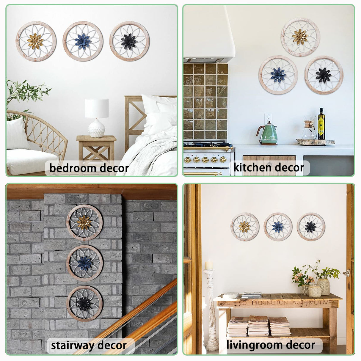 Paquesta 3 Piece Round Farmhouse Wall Decor with 6 Piece Interchangeable Flowers 12'' Medallion Wood & Metal Rustic Wall Art for Living Room Bedroom Kitchen Bathroom Dining Room Home Decorations Paquesta
