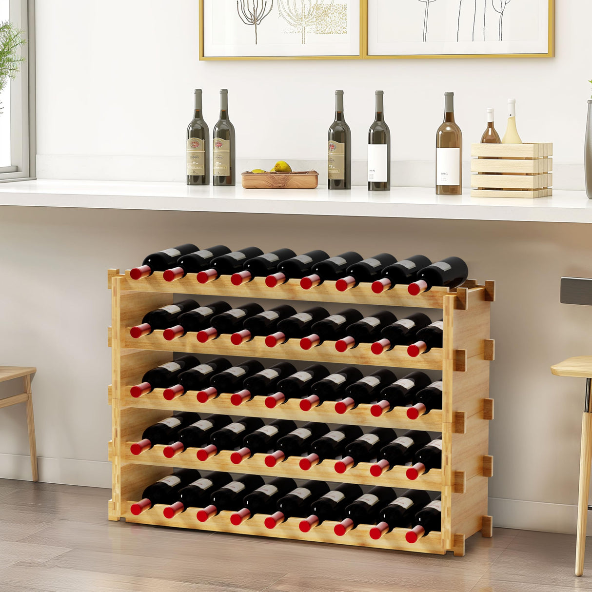Finnhomy Wine Rack 45-Bottle 5-Tier Natural Bamboo Display Wine Storage Shelves Stackable Wine Bottle Holder Finnhomy
