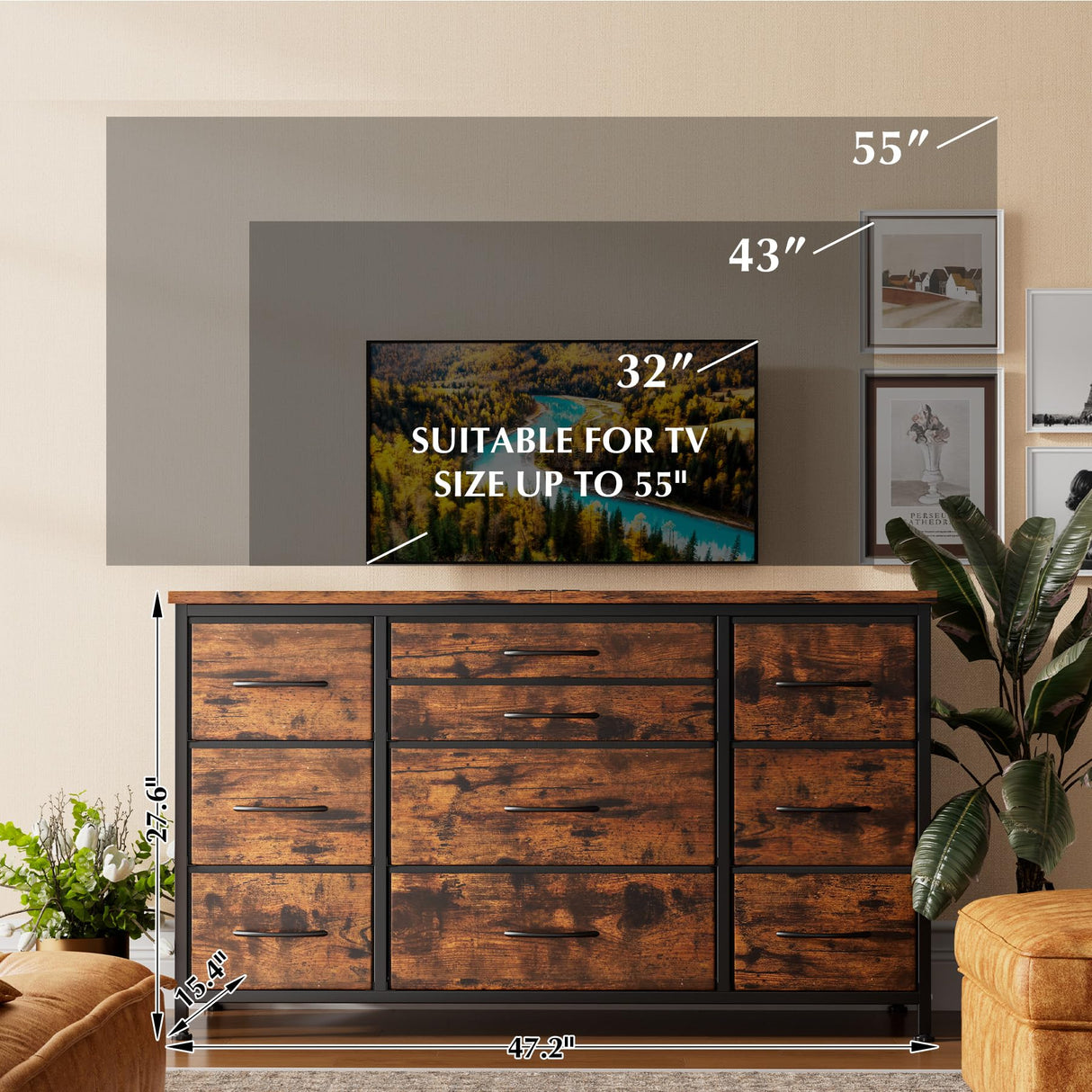 Takywep 10 Drawer Dresser for Bedroom with Wooden Top, Rustic Brown Tv Stand Dresser with Power Outlet for 55", Bedroom Dressers with Drawers, Fabric Drawer Dresser for Bedroom, Big Storage… Takywep