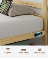 PUNICE Wooden Twin Size Bed Frame with Headboard, Wood Platform Bed Frame with Charging Station, Solid Wood Slat Support, 8.6 Inch Space Underneath, No Box Spring Needed, Easy Assembly PUNICE