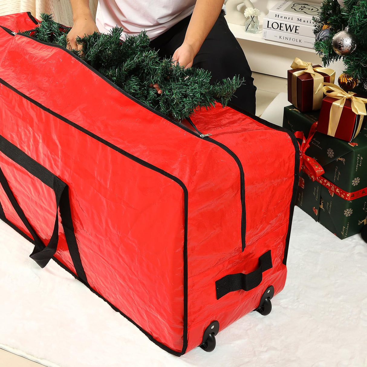HOMEST Christmas Tree Storage Bag, Fits for 7.5 ft Artificial Xmas Tree, Zippered Christmas Tree Bag with Reinforced Carrying Handles and Wheels, Red (Bag Only) HOMEST