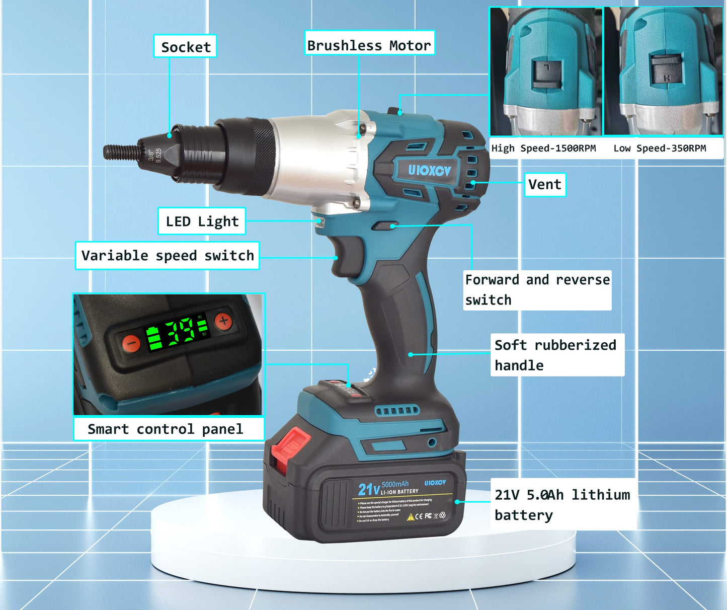 uioxcv Cordless Rivet Tool, 2-in-1 Electric Rivet Nut Gun for Rivets(1/8'', 5/32'', 3/16") & Rivet Nuts (1/4",5/16",3/8"), Automatic Blind Rivet - WoodArtSupply