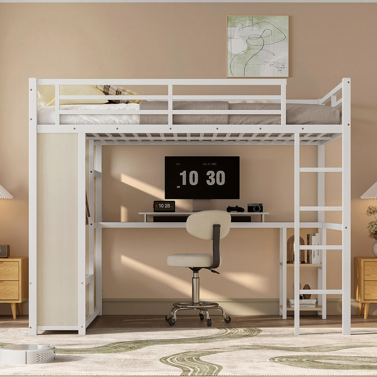 KEIKI Queen Size Loft Bed Frame with Built-in Wardrobe, Metal Loft Bed with Desk, Storage Shelves, Hanging Rod, Guardrail and Ladder, Noise Reduced BedFrame for Teens and Adults, White Wood-Grain KEIKI