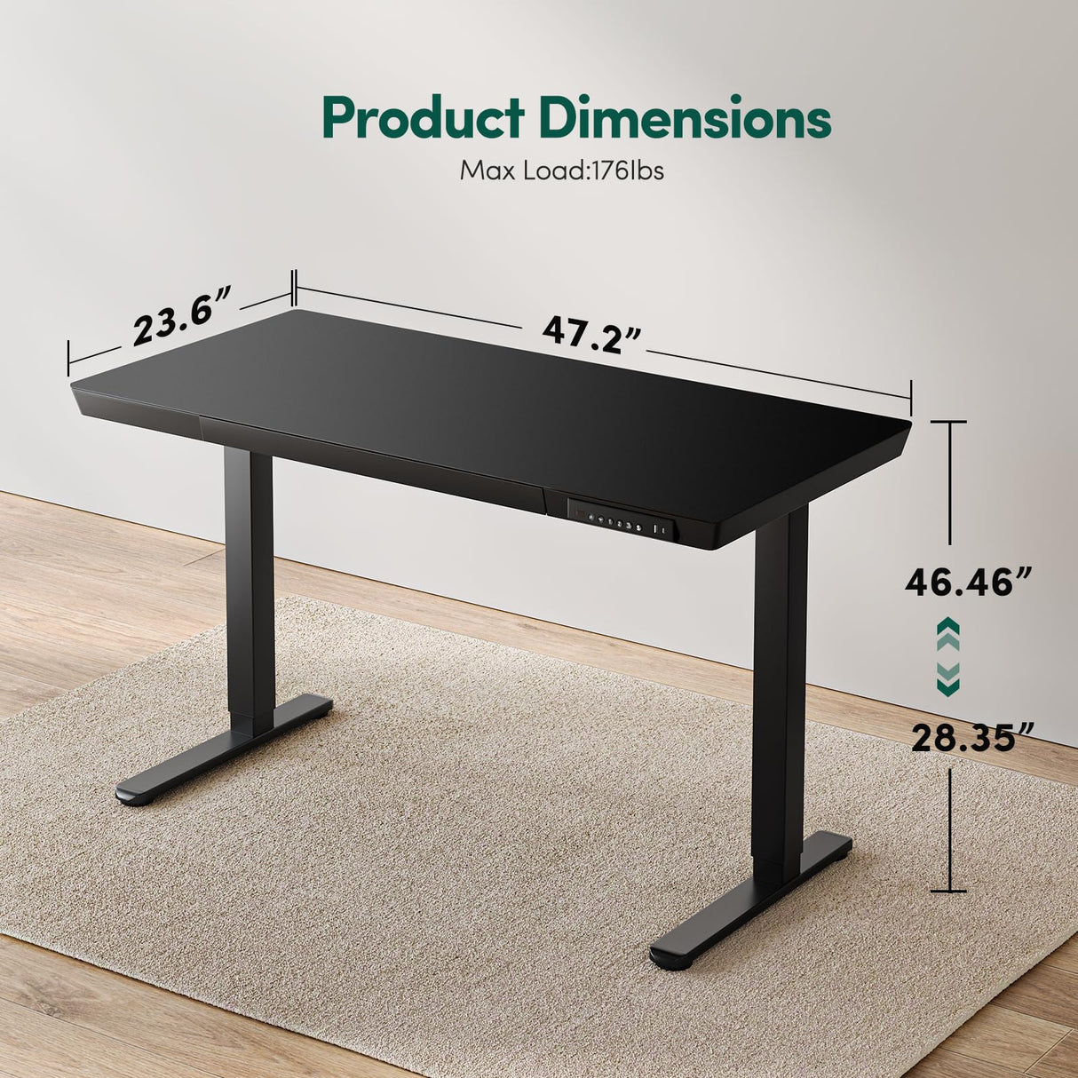 FEZIBO 48 × 24 Electric Standing Desk with Drawers, Whole-Piece Glass Adjustable Height Desk, One-Piece Quick Install Adjustable Sit Stand Desk, Black FEZIBO