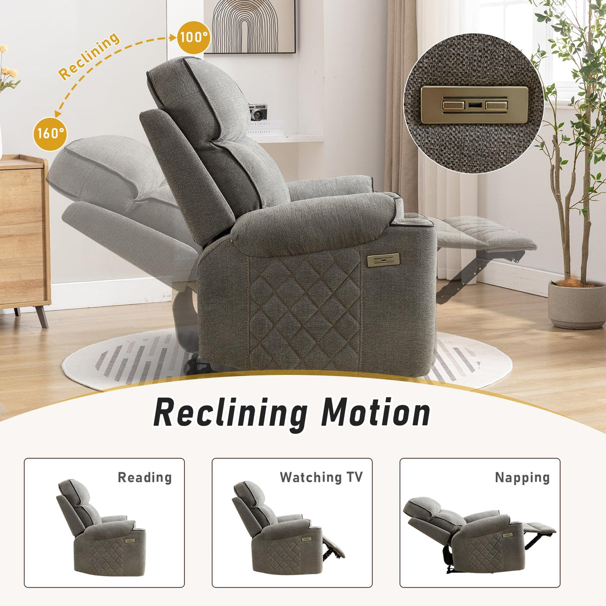 HAOMARKETS Electric Recliner Chair, Soft Fabric Power Recliners with Metal Cup Holders, Single Overstuffed Heavy Duty Reclining Sofa Chairs for Living Room Bedroom HAOMARKETS