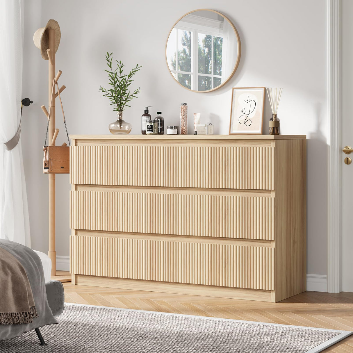 Jocoevol Oak 6 Drawer Dresser for Bedroom, Modern Fluted Dresser, Bedroom Dressers with Drawers, Large Double Wooden Chest of Drawers for Living Room, Hallway Jocoevol