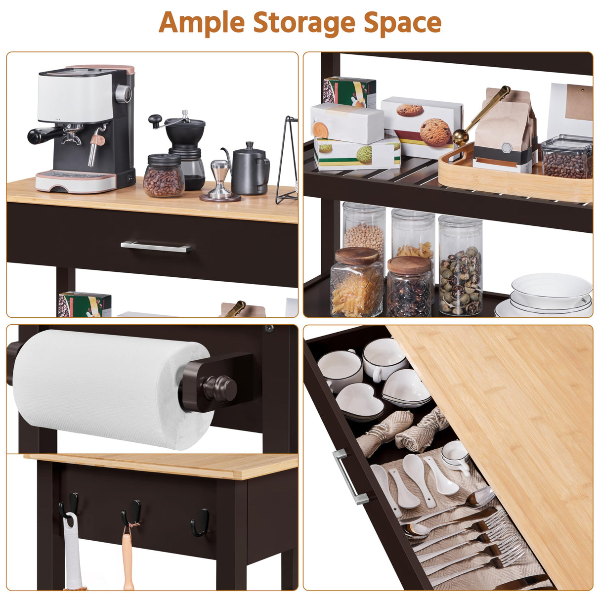 Yaheetech Kitchen Island Cart on Wheels with Bamboo Tabletop, 3-Tier Rolling Kitchen Island Microwave Cart with Drawer, Detachable Towel, 3 Hooks, 17″D × 37.5″W, Espresso Yaheetech