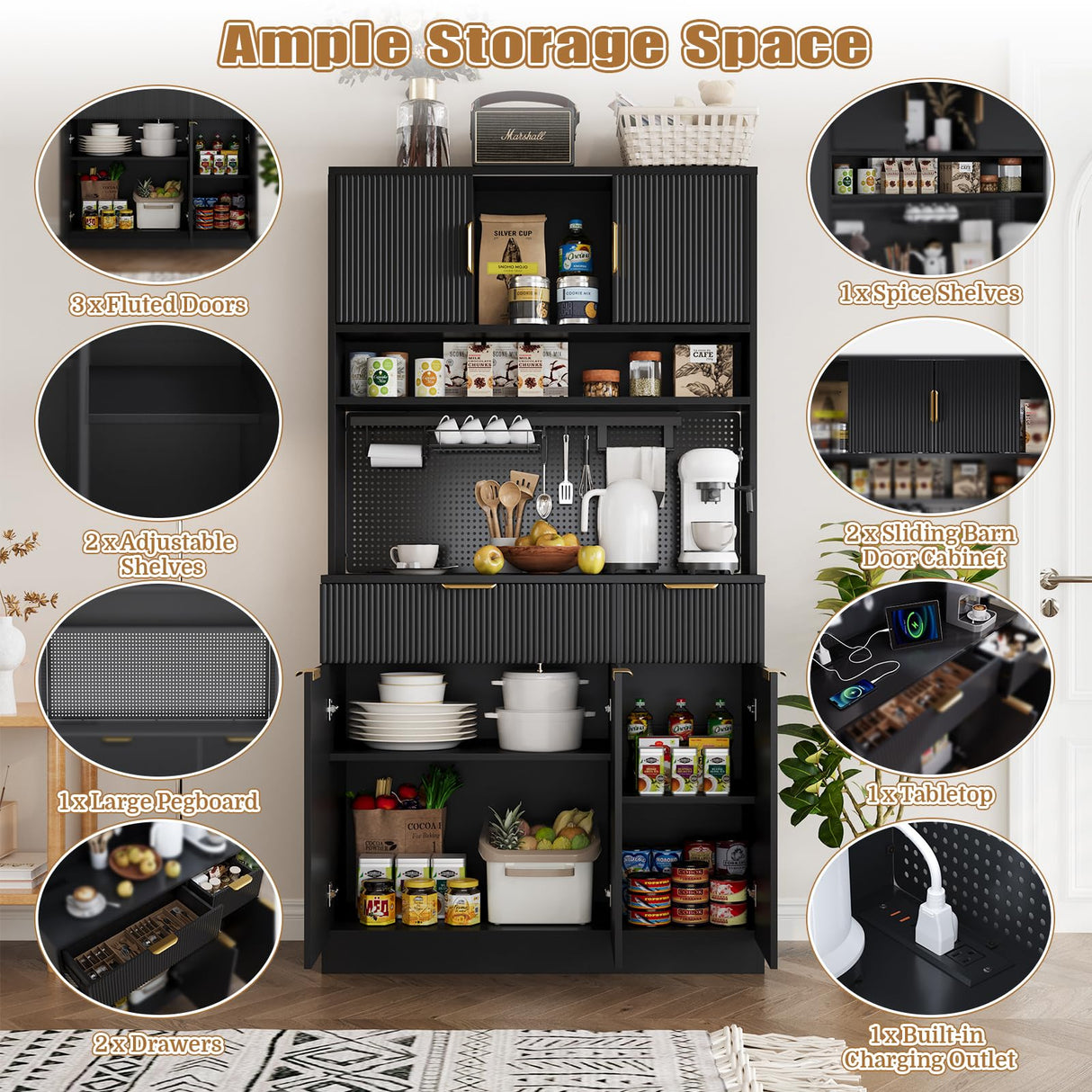 Buenhomino Kitchen Pantry Cabinet with Storage & Pegboard, 71" Tall Hutch Storage Cabinet with Power Outlets, Freestanding Food Pantry Cabinet with Microwave Stand Spice Rack for Dining Room - Black Buenhomino