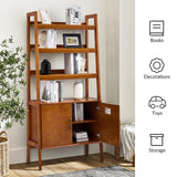 HULALA HOME Wood Ladder Shelf Bookcase with Doors & 3 Open Shelves, 34" W Mid-Century Modern Bookcase with Metal Pulls, Storage Rack with Solid Wood Legs for Bedroom & Living Room, Acorn HULALA HOME