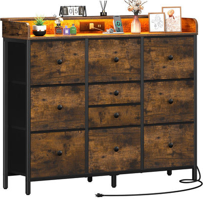 Yoobure Dresser for Bedroom with Charging Station and LED Lights, Tall Dresser TV Stand with 10 Storage Drawers,Fabric Dressers & Chests of Drawers,Wood Dresser for Bedroom Closet Organizer,Brown