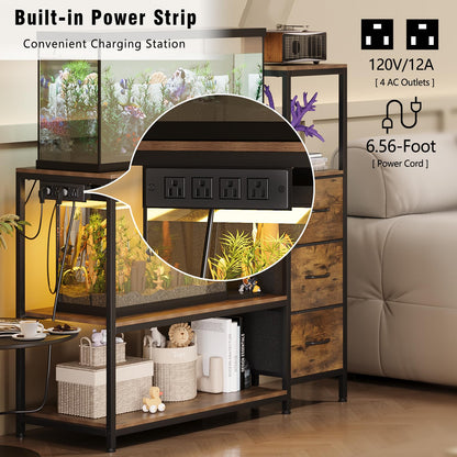 Welfuturer 20 Gallon Aquarium Stand with Power Outlets Rustic Fish Tank Stand with 3 Drawers Metal Frame Heavy Duty Reptile Tank Stand with 3-Tier Storage Shelves for Home Office, Brown