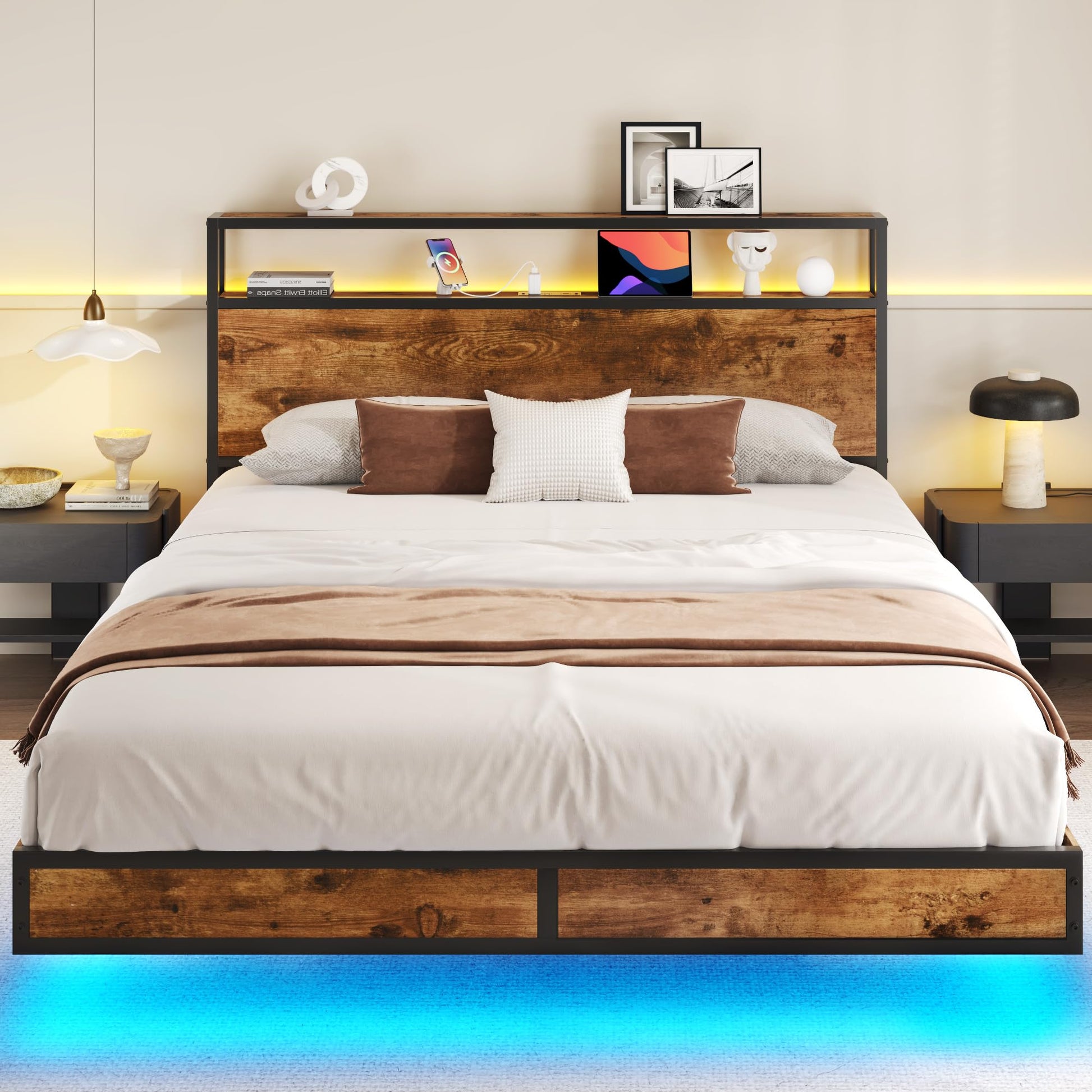 Lifezone Vintage Brown Floating Queen Bed Frame with LED Lights and Charging Ports - WoodArtSupply