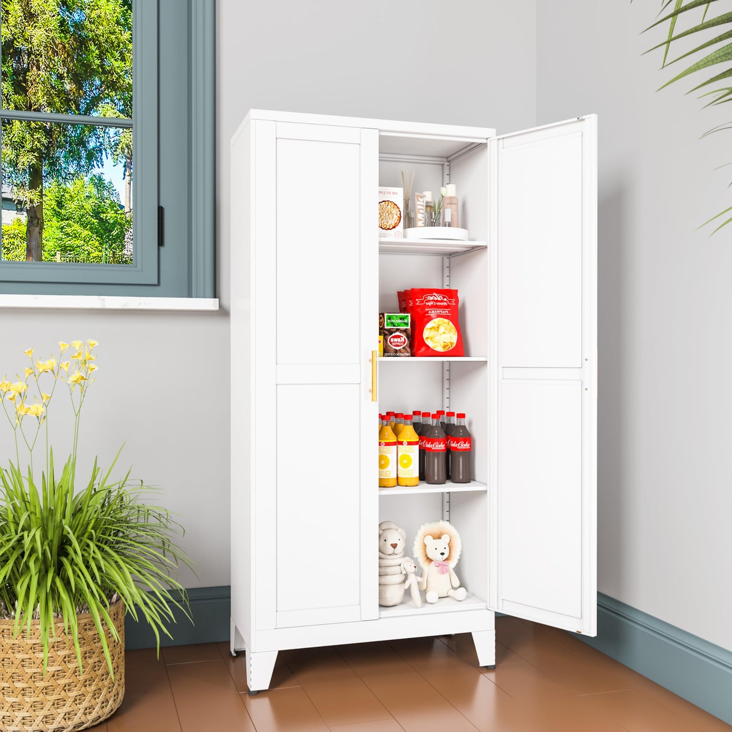 GAIOUS Metal Pantry Cabinet, Kitchen Pantry Storage Cabinets with 2 Door and 3 Adjustable Shelves, White Kitchen Pantry Cabinet, Freestanding Cupboard for Kitchen Dining Room Living Room Bath - WoodArtSupply