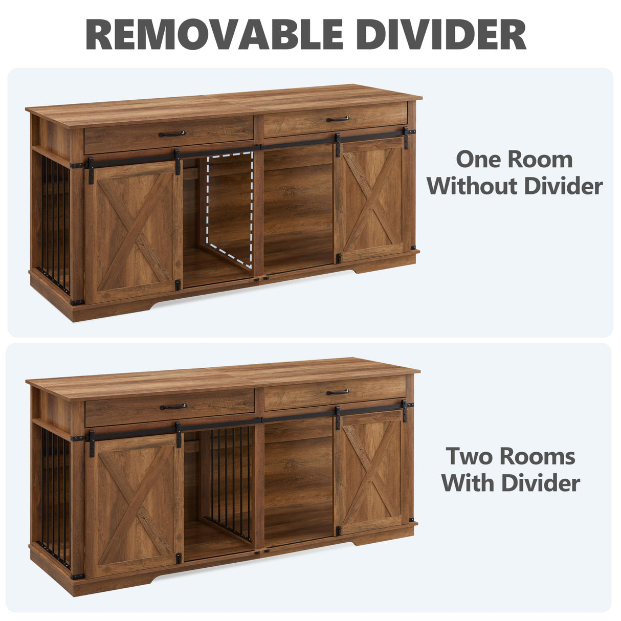 72.5" Double Dog Crate Furniture for 2 Medium Dogs, Heavy Duty Wood Dual Dog Kennel TV Stand with Sliding Doors and Storage Drawers, Rustic Oak KACVON