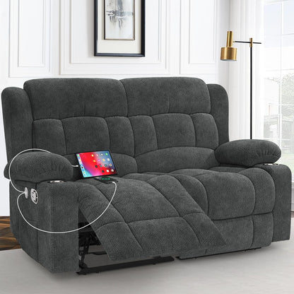 IROSTAE Loveseat Recliner Sofa, 2 Seater Minimalist Style Fabric Manual Pull Tab Reclining Loveseat with USB Charge Ports, Cup Holders, Recliner Love Seat Couches for Living Room, RV, Gray