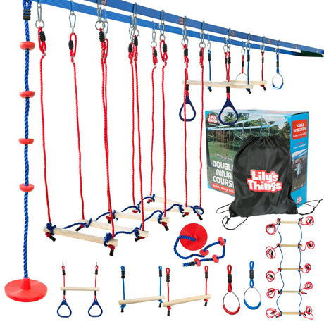 Double Slackline Obstacle Course - 110 Ft Line - Ninja Warrior Course with Monkey Bars for Kids - Patented Double Line Design (110' Ultimate Warrior Set, with Rickety Bridge) Lily's Things
