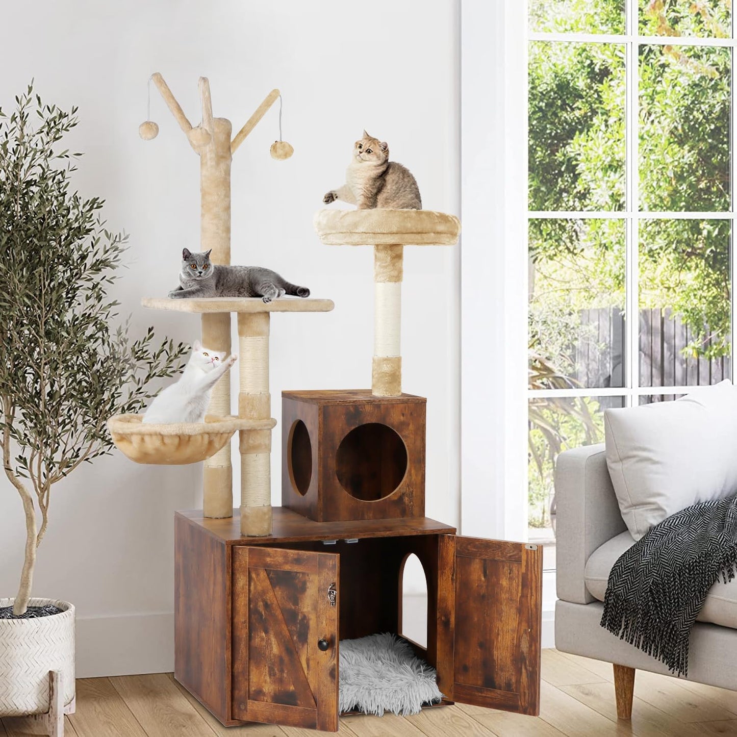 Timberer Litter Box Enclosure with Cat Tree, Wooden Cat House with Cat Tree Tower, Hidden Cat Litter Box Furniture with Scratching Post, Modern Cat Condo, Rustic Brown - WoodArtSupply