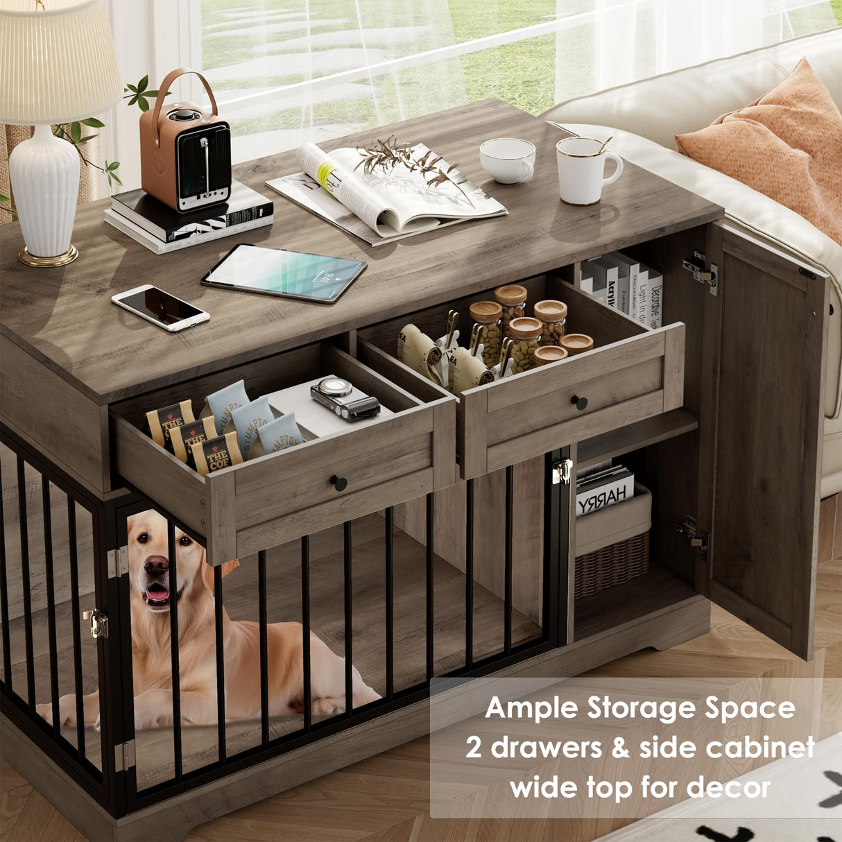 Dog Crate Furniture Kennel with Double Doors Wooden Pet House with 2 Drawers and Storage Cabinet, Indoor Dog Cage Farmhouse Modern Side End Table for Small Medium Dogs, Rustic TTVIEW